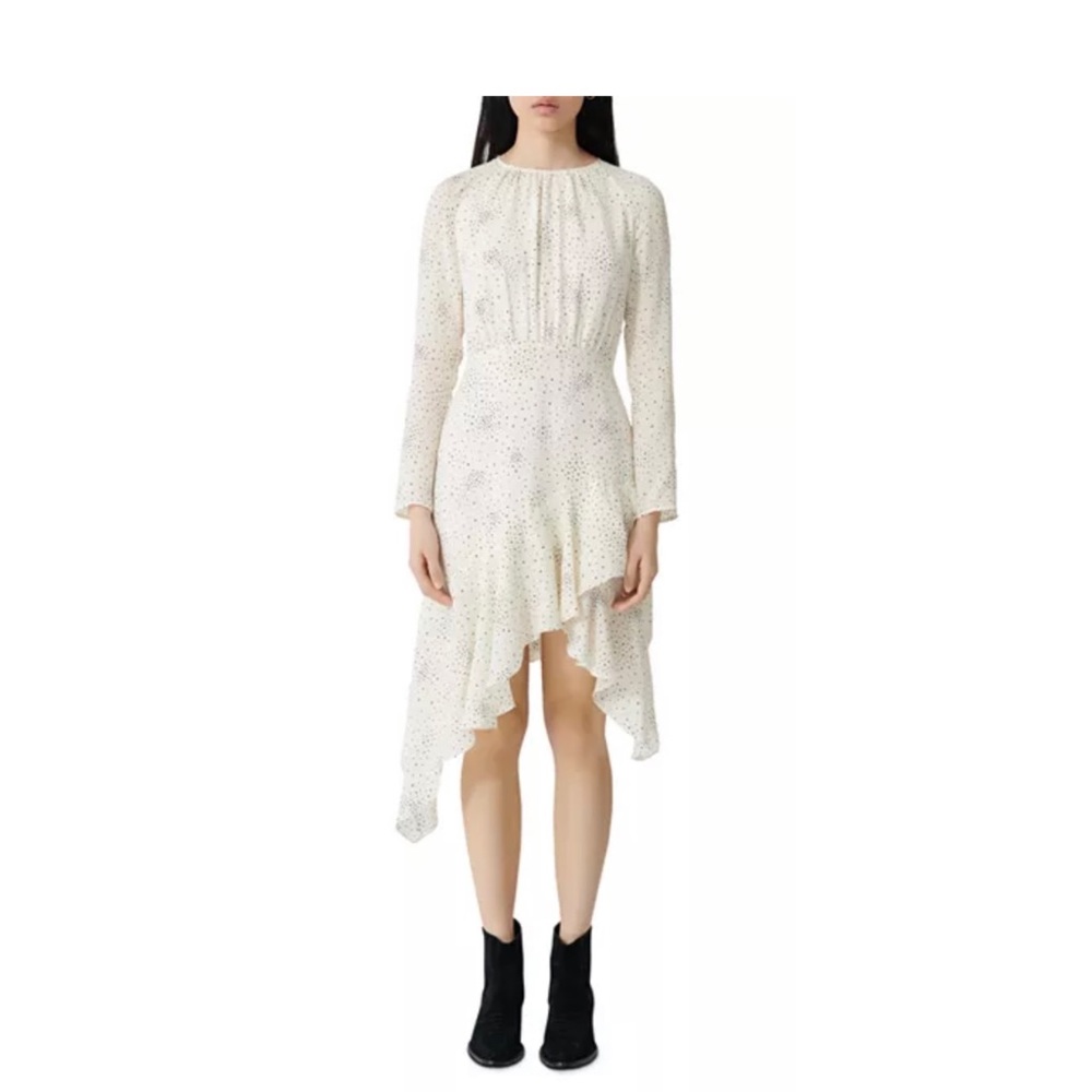 Maje Cream Asymmetrical Polka Dot Long-Sleeve Dress